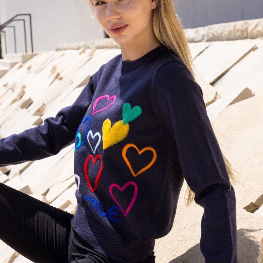 Navy and Multicolored Embroidered Heart Sweater
